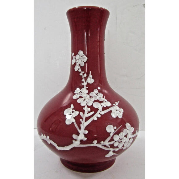Vintage Asian Oxblood Red Vase with White Raised Mother of Pearl Dogwood Design